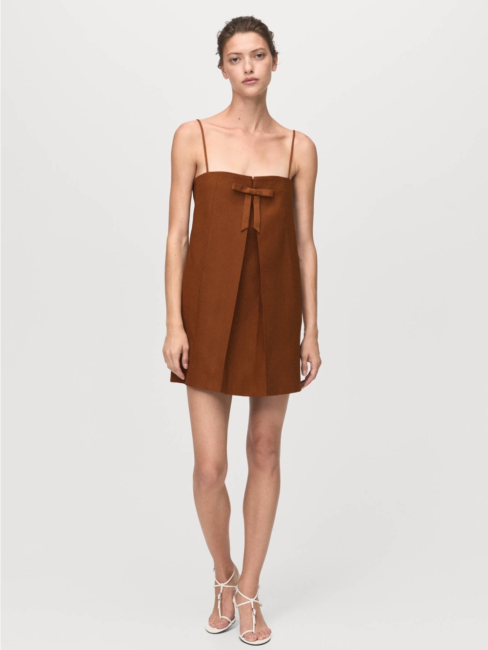 Mango MNG Brown Mini Dress Size M Bow Front Spaghetti Strap A-Line Shift